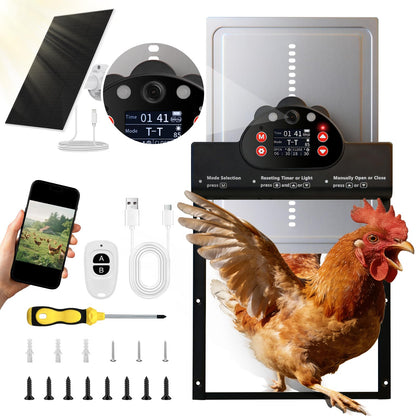 Solar Powered Automatic Chicken Coop Door with 2K Camera, 10m Night Vision Alarm, IP65 Wireless Auto Opener, 6-Month Battery Life, APP Control & 2-Way Audio, Anti-Pinch Safety Design