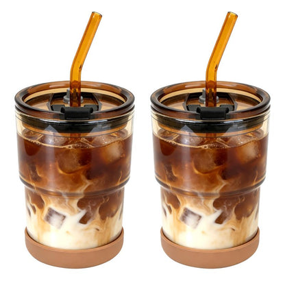 Zukro 13 oz Glass Iced Coffee Cups with Lid and Straw, Leak Proof Glass Tumbler for Ice Tea, Water, Non-Slip Silicone Bottom, Thick Wall Drinking Glasses for Home/Office, BPA Free, Amber 2 Pack