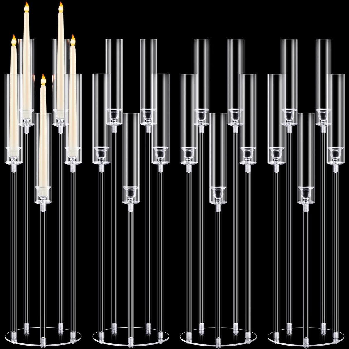 Barydat 4 Pcs Acrylic Candelabra Centerpieces Clear Taper Candle Candlestick Holder Crystal 5 Arm Candlesticks Holder with Acrylic Shade Pillar Fit 0.87" LED Candle for Wedding Dinner Party (Clear)