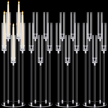 Barydat 4 Pcs Acrylic Candelabra Centerpieces Clear Taper Candle Candlestick Holder Crystal 5 Arm Candlesticks Holder with Acrylic Shade Pillar Fit 0.87" LED Candle for Wedding Dinner Party (Clear)