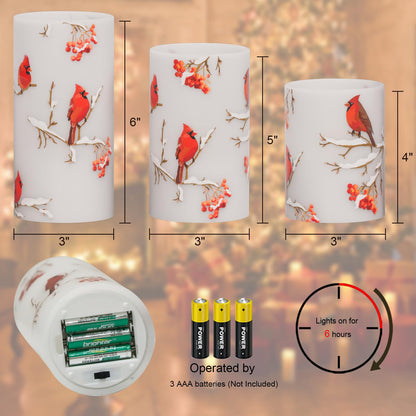 Lasumora Cardinal Theme Christmas Flameless Candles with 6H Timer, Real Wax LED Pillar Candles Flickering, Battery Operated Waxy Candles for Home Fireplace Christmas Décor, 3x4/5/6 inches