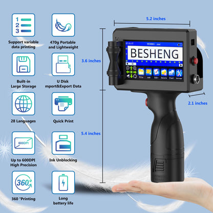 BESHENG Handheld Inkjet Printer Gun PT3000 Printing Height 0.08-0.5Inch Inkjet Coder with Original Fast-Drying Ink for Text QRCode/Barcode/Batch Number/Label/Image/Date Printer with Touch Screen