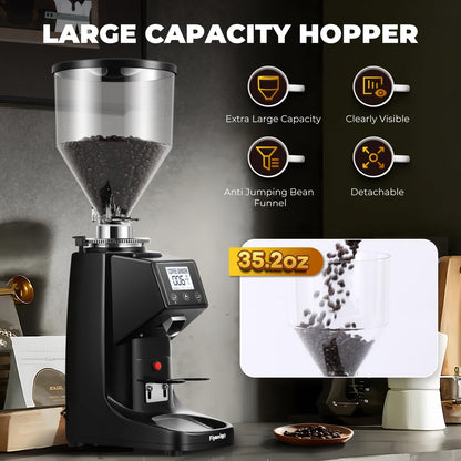 Flyseago Commercial Coffee Grinder Electric - 64mm SS Flat Burr, Digital Touch Screen, 19 Adjustable Settings, 35oz Large Hopper, Black