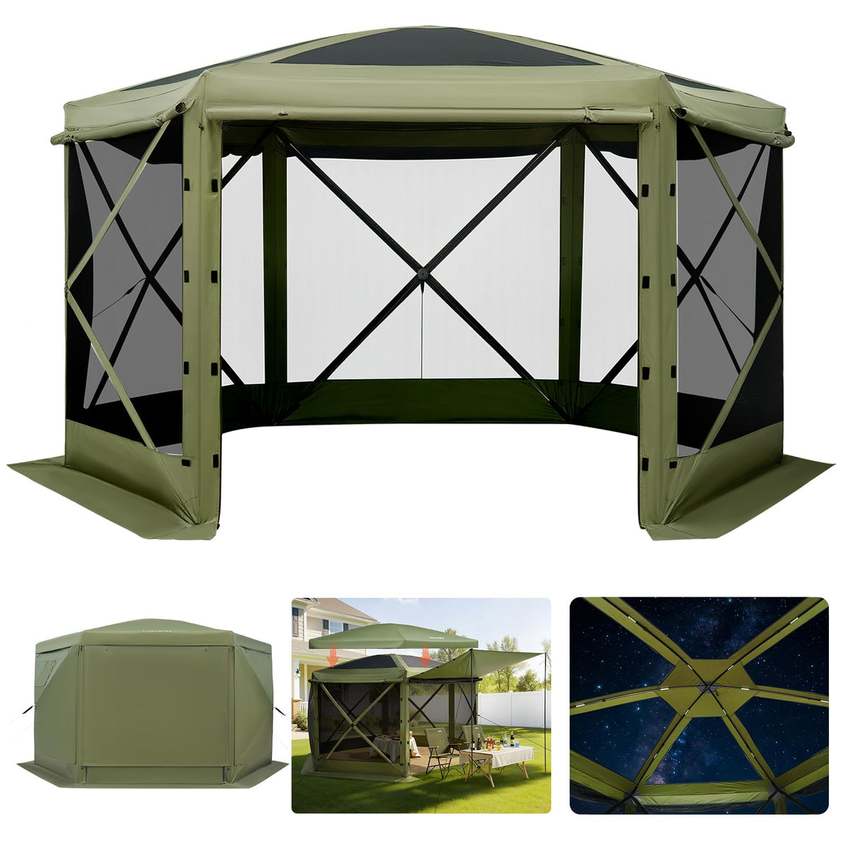 VEVOR Pop up Gazebo Screen Tent, 10 x 10 ft Large 6-Sided Camping Canopy Tent with Removable Top & Carry Bag, Quick-Set & Bite-Proof, Screen House Sun Shelter for 6-8 Persons Backyard Patio, Green