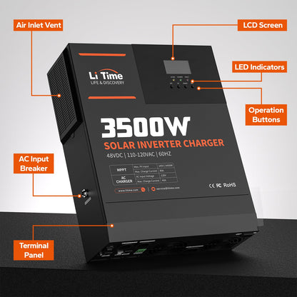 LiTime Solar Inverter Charger, 3500W DC 48V to AC 120V Pure Sine Wave Inverter with 80A MPPT Charge Controller, 40A AC Battery Charger, Uninterrupted Power Supply (UPS), RS485 Communication