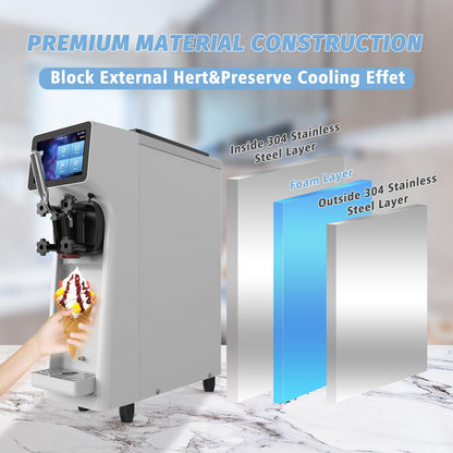 AnyDoor Commercial Ice Cream Maker Machine 1000W 2.7 to 4 Gal/H Single Flavor Soft Serve Ice Cream Machine Pre-cooling Auto Clean LCD Touch Screen Soft Serve Maker for Snack Bar Restaurants