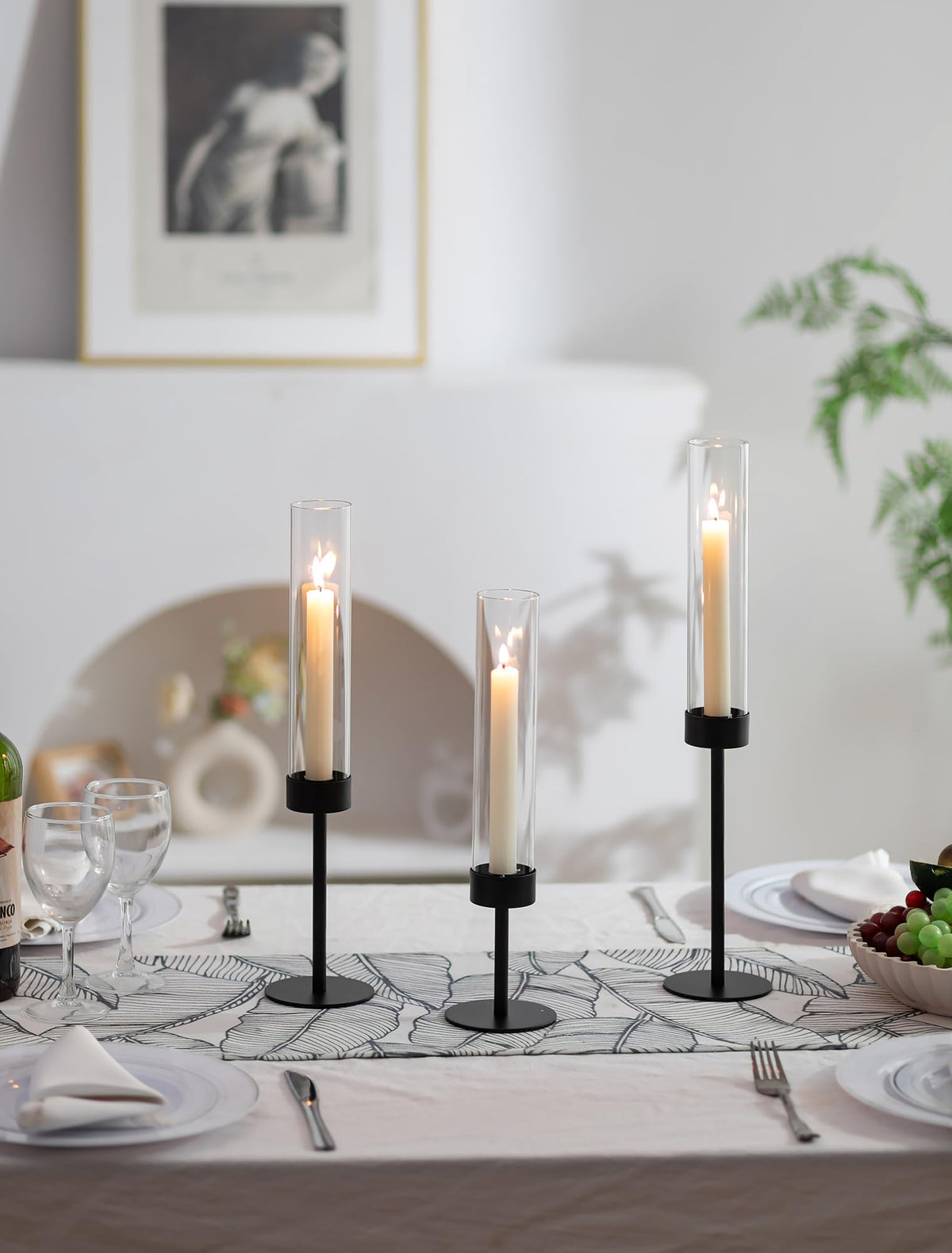 Romadedi Black Candlestick Holders Hurricane - Metal Taper Candle Holder Tall Windproof Glass Cylinder for Indoor Outdoor Table Centerpiece Christmas Halloween Modern Home Decor Set of 3