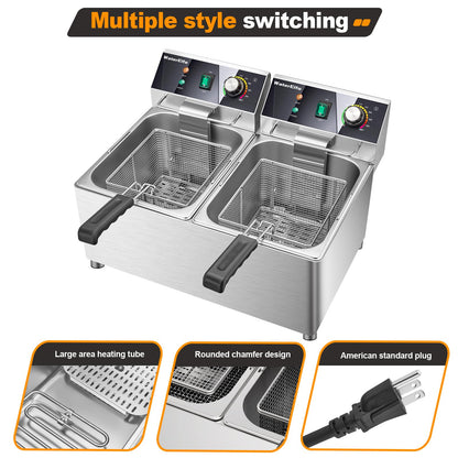 WaterElfo electric turkey fryer Commercial deep fryer with basket 3600W27.4QT with timer26L deepen deep fryer Variable twin cylinder 13.7QT*2 Rapid heating