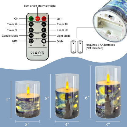 NjaoHoo Flickering Flameless Candles, Recessed String Light LED Candles Acrylic Battery Operated LED Pillar Candles Van Gogh Art Painting Style for Home Decor Set of 3(Starry Night Printed)