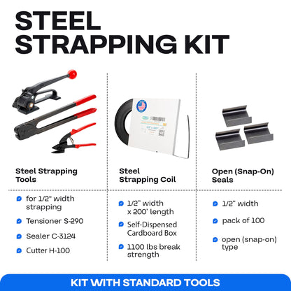 IDL Packaging 1/2" x 200' Steel Banding Strapping Kit, 1100 lbs Break Strength - Premium Heavy-Duty Banding Tool for Pallet Strapping - Strapping Tensioner, Sealer, Cutter/Crimper