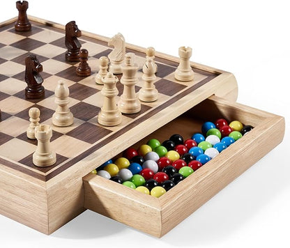 VAMSLOVE 13 Chess Chinese Checkers 2 in 1 Wooden Board Game Set with Pieces Storage Drawer - 2 Extra Queens Bonus Marbles for Birthday Gift (Instructions Included)