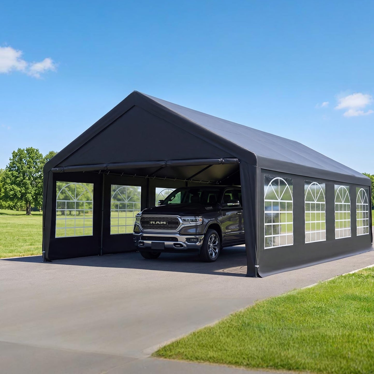 Carport 13x26 FT Heavy Duty Carport Canopy, Reinforced Steel Frame Car Tent Garage with 6 Windows, Waterproof & UV-Resistant Car Shelter, Portable Garage All-Season Tarp for Car/Truck/Boat Grey