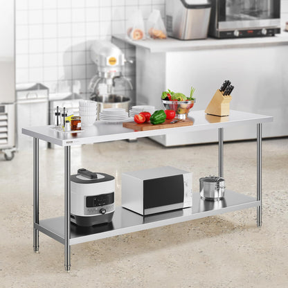 VEVOR Stainless Steel Prep Table, 24 x 72 x 34 Inch, 880 lbs Load Capacity, Heavy Duty Metal Worktable with 3 Adjustable Height Levels, Commercial Workstation for Kitchen Garage Restaurant Backyard
