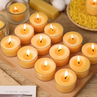 6 Hours Beeswax Tealight Candles Bulk, 40 Packs 100% Pure Beeswax Tea Lights Candle in Clear Cup,Natural Scent Bees Wax Candles Smokeless Clean Burning for Wedding Church Home Decor, Air Purification