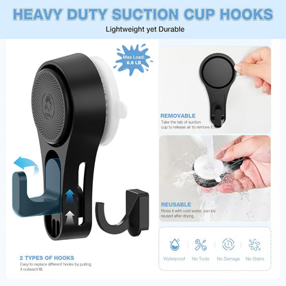 VIS'V Heavy-Duty Shower Suction Cup Hooks - Removable & Reusable, Black | 2-Pack