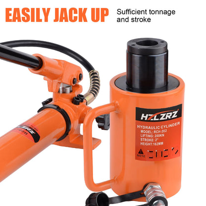 HZLZRZ 20T Hydraulic Cylinder Jack Hollow Single Acting Hydraulic Ram Cylinder, Hydraulic Lifting Cylinders 2"(50mm) and Porta Power Kit(RCH-202)