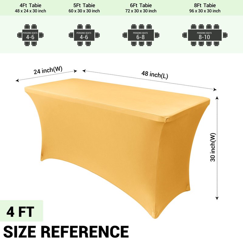Obstal 8ft Stretch Spandex Table Cover for Standard Folding Tables - Universal Rectangular Fitted Tablecloth Protector for Wedding, Banquet, Party Gold