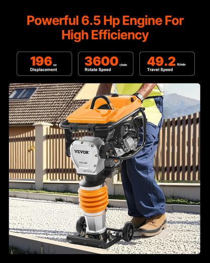 VEVOR Jumping Jack Compactor, 6.5 HP Vibratory Rammer Fuel-Powered 196 cc Engine Tamper, 3600 lbs Impact Force, 26" Max Compaction Depth, Four-Spring, for Soil, Gravel, Concrete Slabs, Foundations