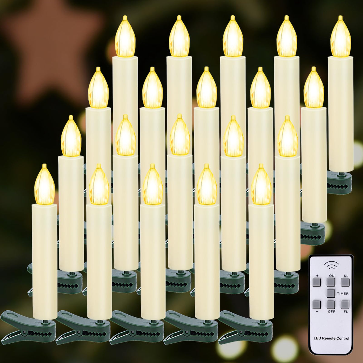 Kuandawei LED Christmas Candles, Flickering Clip on Candles for Christmas Tree, Battery Operated with Remote Timer, Warm White Light, Flameless Taper Candle for Home Christmas Decor, Set of 20