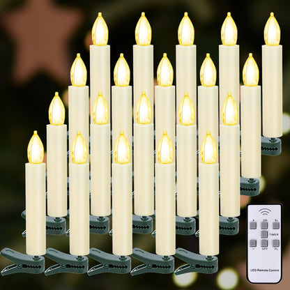 Kuandawei LED Christmas Candles, Flickering Clip on Candles for Christmas Tree, Battery Operated with Remote Timer, Warm White Light, Flameless Taper Candle for Home Christmas Decor, Set of 20
