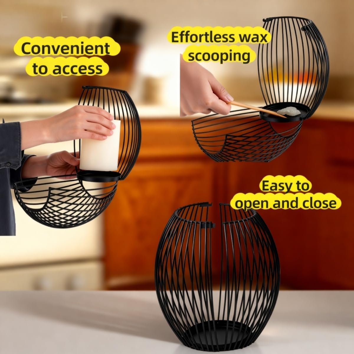 Black Candle Holder Set – Modern Metal Wire Black Candlestick Holders for Pillar Candles, Decorative Round Cage Candle Lanterns for Table, Shelf, or Home Décor