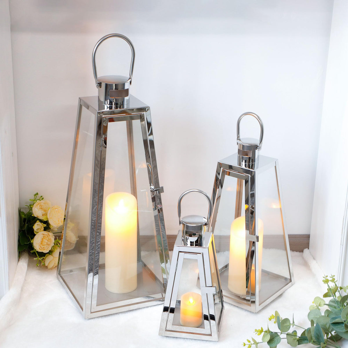 TRIROCKS Set of 3 Stainless Steel Candle Lantern 21''&16''&11'' High Metal Candle Holder with Tempered Glass Panels for Christmas Home Decor Living Room Parties Events Indoors Outdoors (Silver