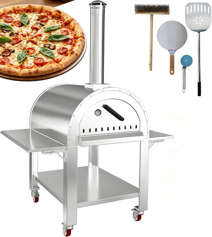 Garvee 44 Inch Pizza Oven Outdoor,Wood Fire & Propane Gas Dual Fuel with Wheels and Accessories in Stainless Steel for Restaurant, Backyard, Garden, Patio, Camping, Silver