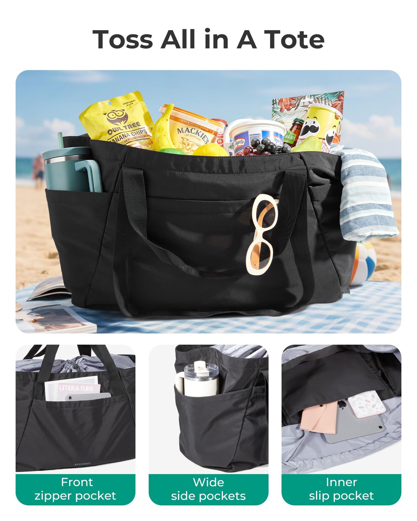 BAGSMART 73L Large Beach Bag, Reusable Shopping Bags, Foldable Tote for Moving Holiday Travel College Packing, Camel