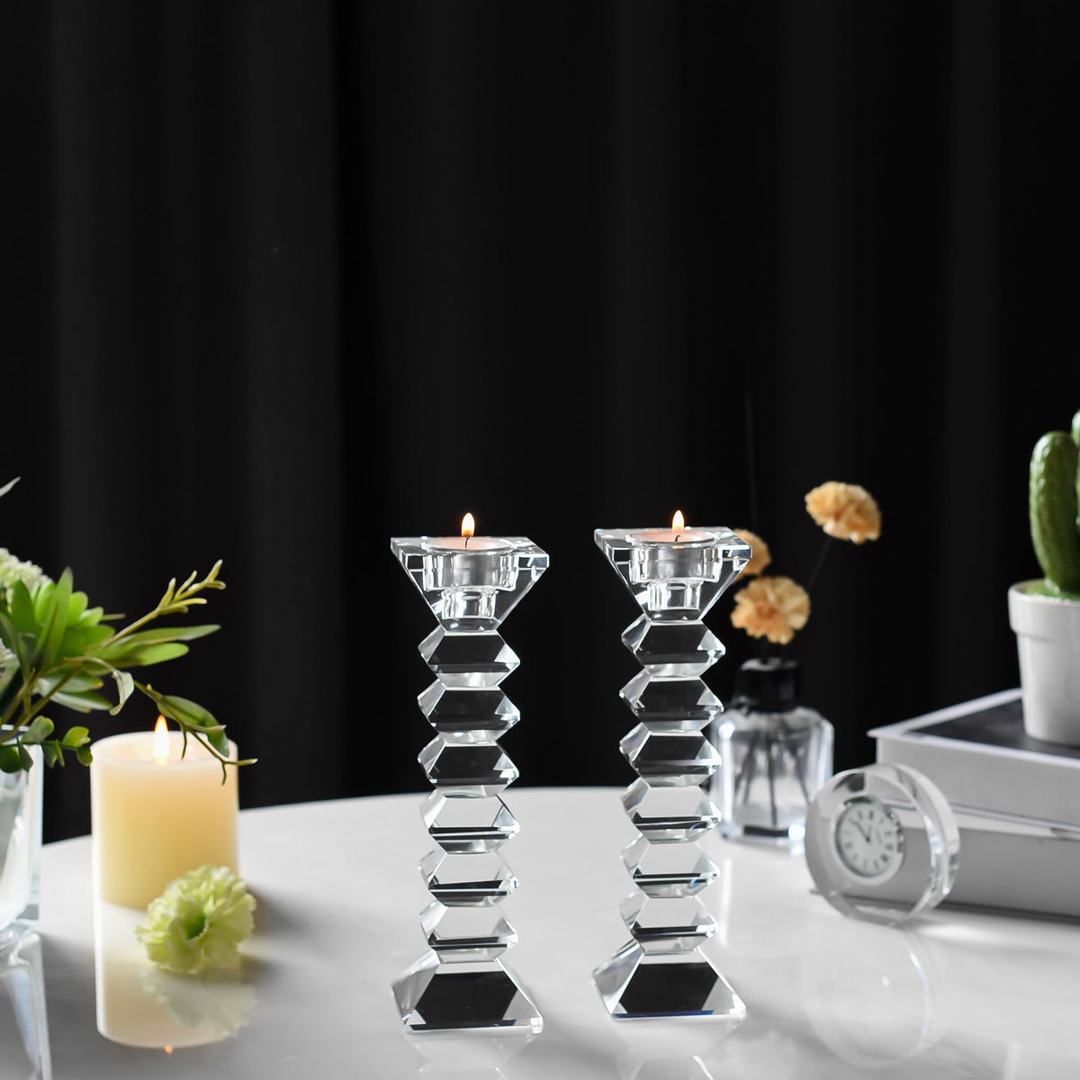 DONOUCLS Crystal Candlestick Holders 2 Pack, Clear Crystal Taper or Tealight Candles Holder, Table Centerpieces for Party Wedding Decoration(8.3in Tall)