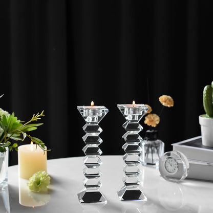 DONOUCLS Crystal Candlestick Holders 2 Pack, Clear Crystal Taper or Tealight Candles Holder, Table Centerpieces for Party Wedding Decoration(8.3in Tall)