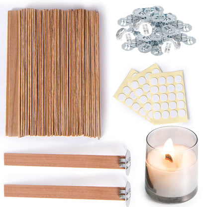 Ziosxin 50 Set Candle Wick, Thicken Smokeless Cherry Wood Wicks for Candles-Long Lasting Flame-Easily Burn, Candle Cores with Stand and Glue Dot, Candle Wicks for Candle Making