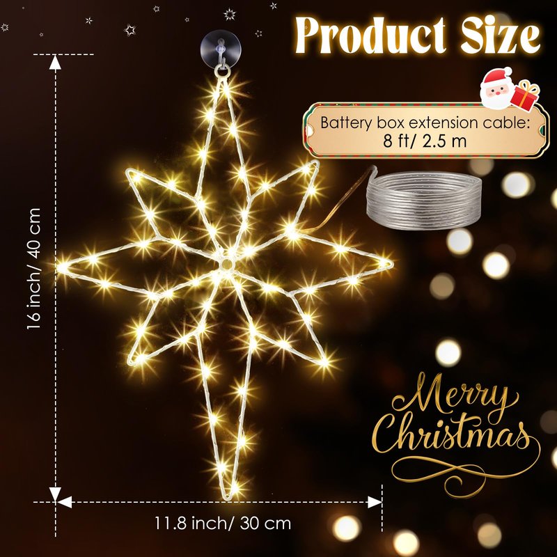 Hiboom Large 3 Pack Christmas Window Light Decorations, LED Bethlehem Christmas Star Window Silhouette Lights with Timer, 8 Models, Iron Frame, Battery Operated Lighted Xmas Star Decors(16 Inch)