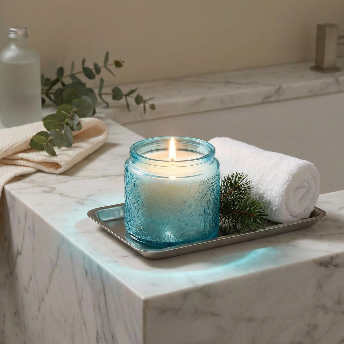 10 oz Embossed Glass Candle Container with Bamboo Lids and Labels, Clear Candle Jars for Making Candles, Sun Moon Stars Design - Pack of 9 (Blue)