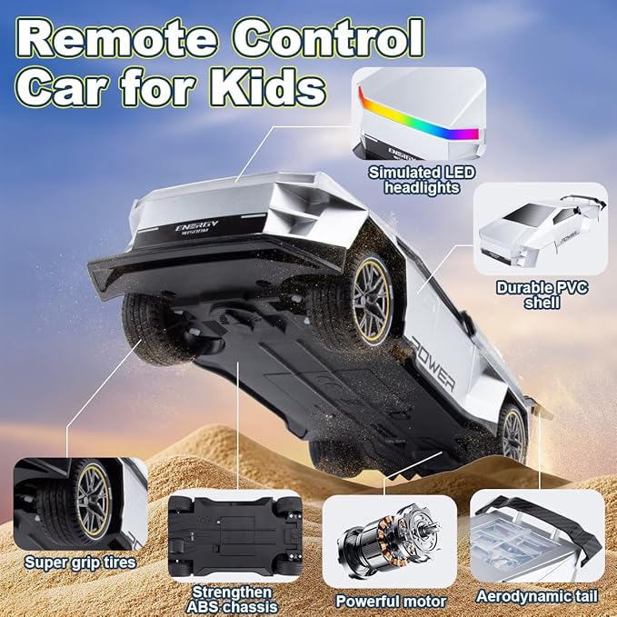 Remote Control CarAll Terrain 2.4GHz RC Truck for 3-12 Year Old Boys Electric Vehicle RC Car with LED Lights for Kids Birthday Gifts for Kids (Silver)