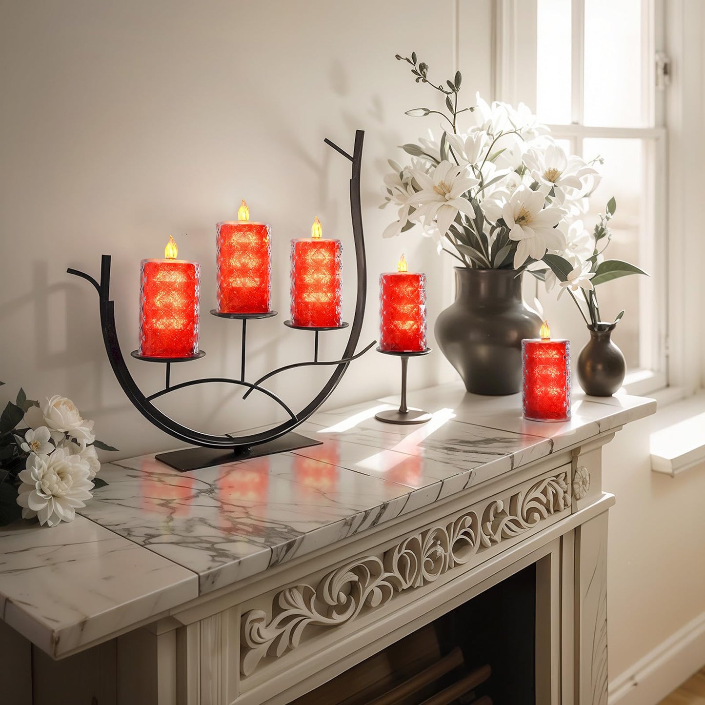 Homemory Battery Operated Candles with Remote, 2 Pcs Timer Flickering LED Fake Candles, Flameless Candle with Crystal Shell and Embedded Glitter for Wedding, Home & Christmas Decor, Red
