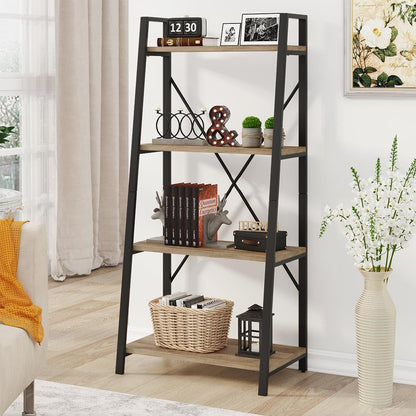 BON AUGURE Bar Cart for The Home, Bar Serving Carts on Wheels with Industrial Ladder Shelf Bookcase, 4 Tier Rustic Ladder Bookshelf, Standing Leaning Book Shelves for Living Room (Vintage Oak)