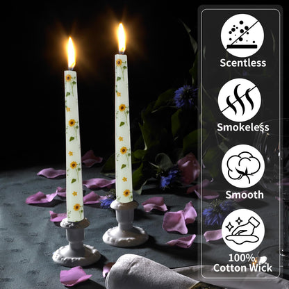 Taper Candles,10 inch 2pc Green Tapered Candles with Sunflower Printed, Unscented and Smokeless Long Burning Candles,Tall Candlesticks with Cotton Wicks,Ideal for Weddings, Home Décor