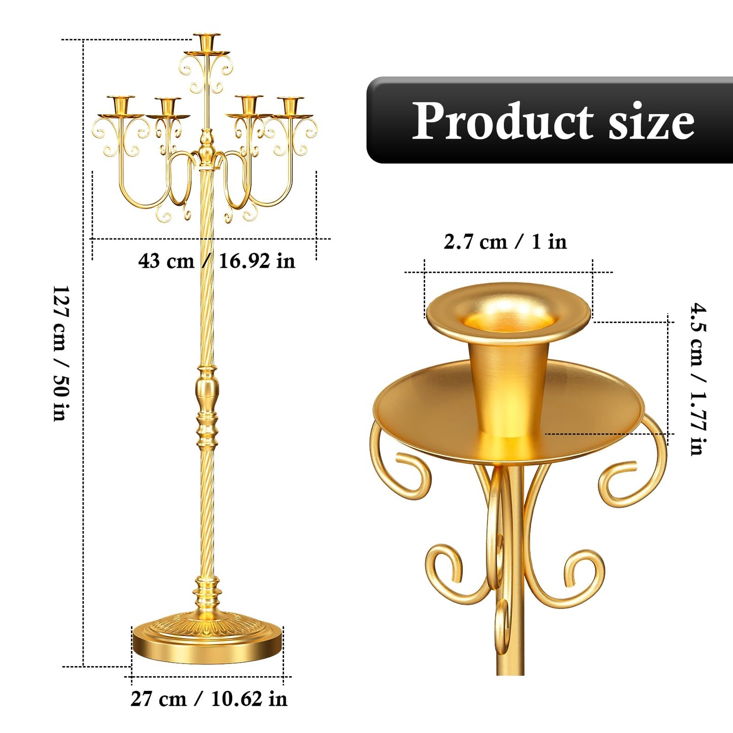 Floor Candelabra 50 Inch Gold Candlestick Holder 5 Arms Candle Holders Antique Flower Stand Centerpiece Decorative Candle Holder for Events, Party, Ceremony, Wedding Aisle, Home 2 Pcs (Beaded Styling)