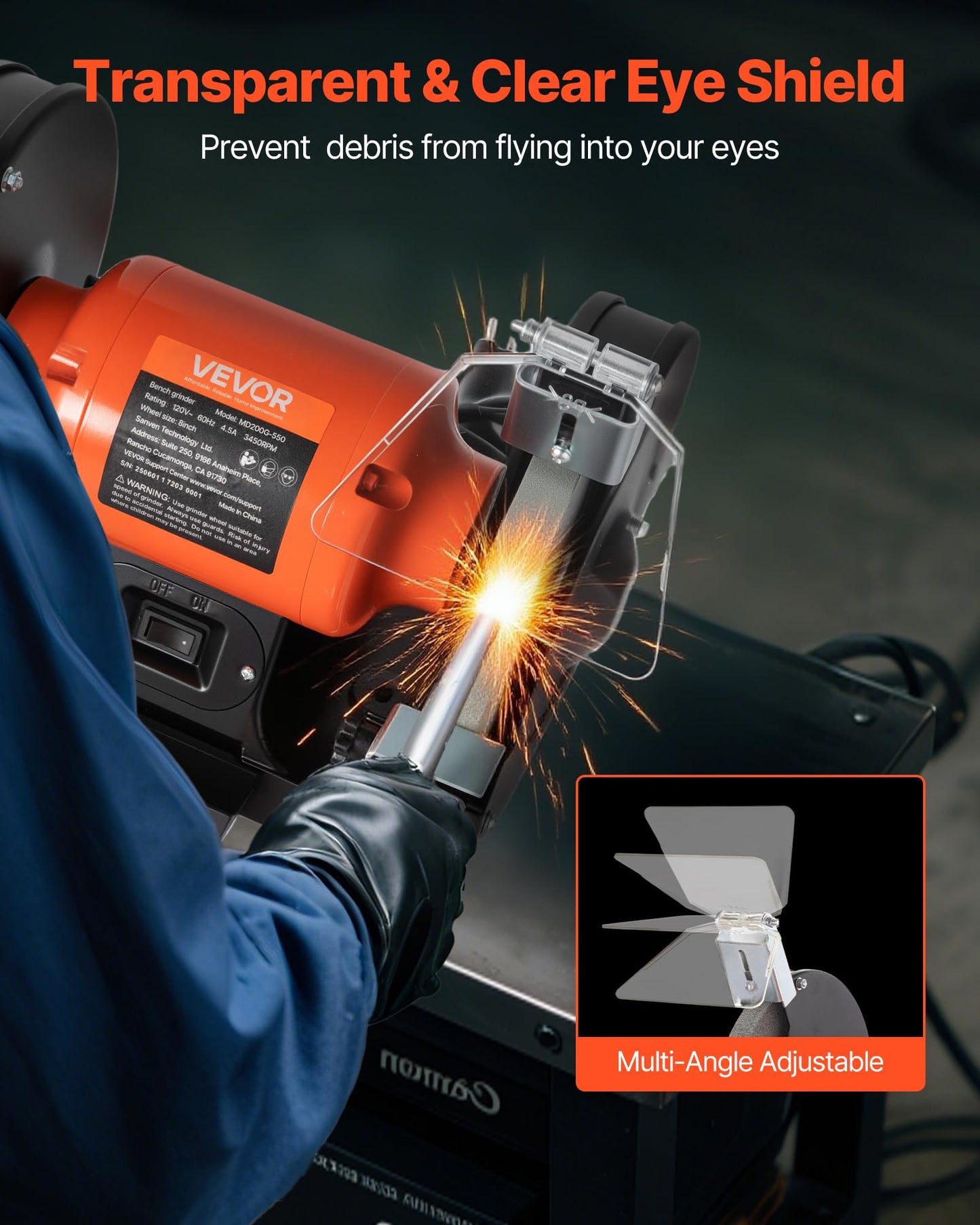 VEVOR Bench Grinder, 8-inch Single Speed, 3450RPM High-Speed Table Grinders with 550W 4.5A 3/4Hp Induction Motor, 36/60-Grit Grinding Wheel & Adjustable Eye Shield for Fast Sharpening Grinding