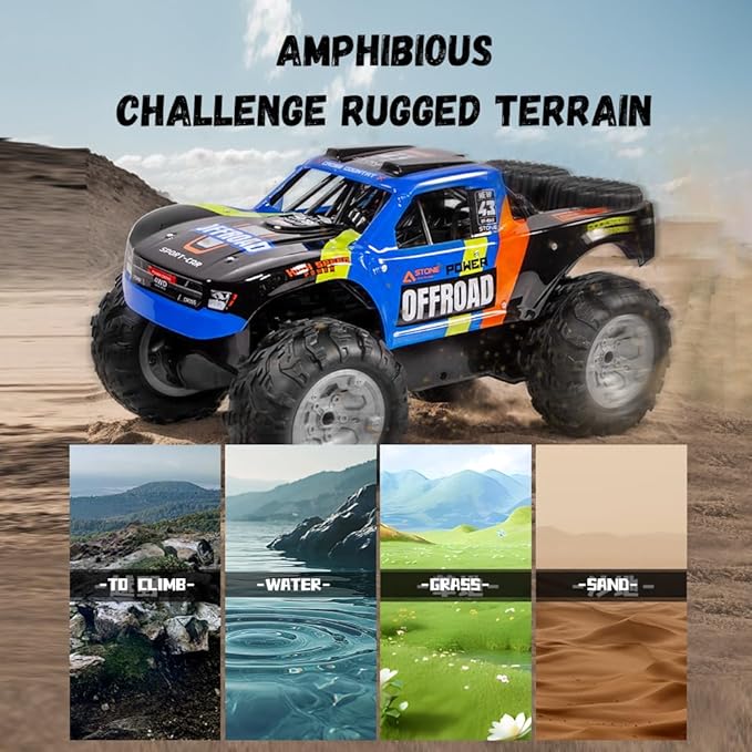 Waterproof RC Monster Truck Amphibious Remote Control Trucks 13In Big Off Road RC Cars for Kids 4WD 360° Rotation Two Rechargeable Batteries Gifts for Boys Girls Age 4-12 Pool Toys (Blue)