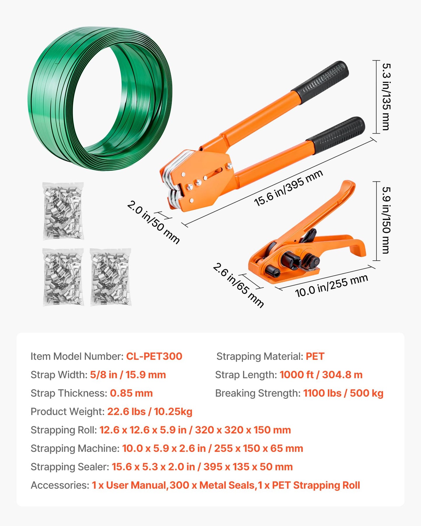 VEVOR Banding Strapping Kit, Heavy Duty Banding Sealer Tool with 1000 ft Length PET Band, 300 Metal Seals, Plastic Manual Pallet Packaging Strapping Kit for Warehouse/Shipping/Moving/Home, Orange