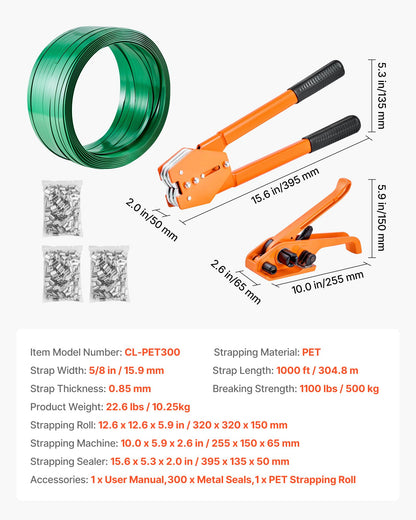 VEVOR Banding Strapping Kit, Heavy Duty Banding Sealer Tool with 1000 ft Length PET Band, 300 Metal Seals, Plastic Manual Pallet Packaging Strapping Kit for Warehouse/Shipping/Moving/Home, Orange