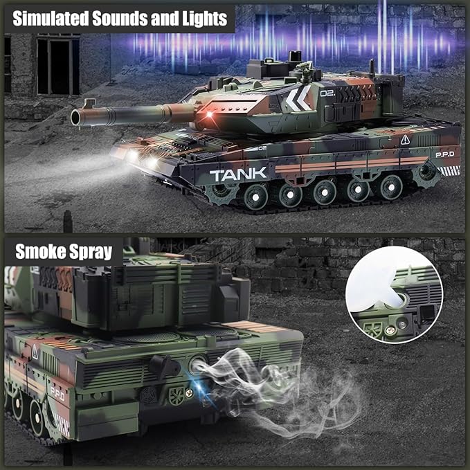 RC Tank - 2.4Ghz Remote Control Army Tank Toys with Auto Demo Sound Light Smoke - 13 Channel Military Vehicles Model Gift for Kids Adults Boys Age 6-8 9-12 Army Green