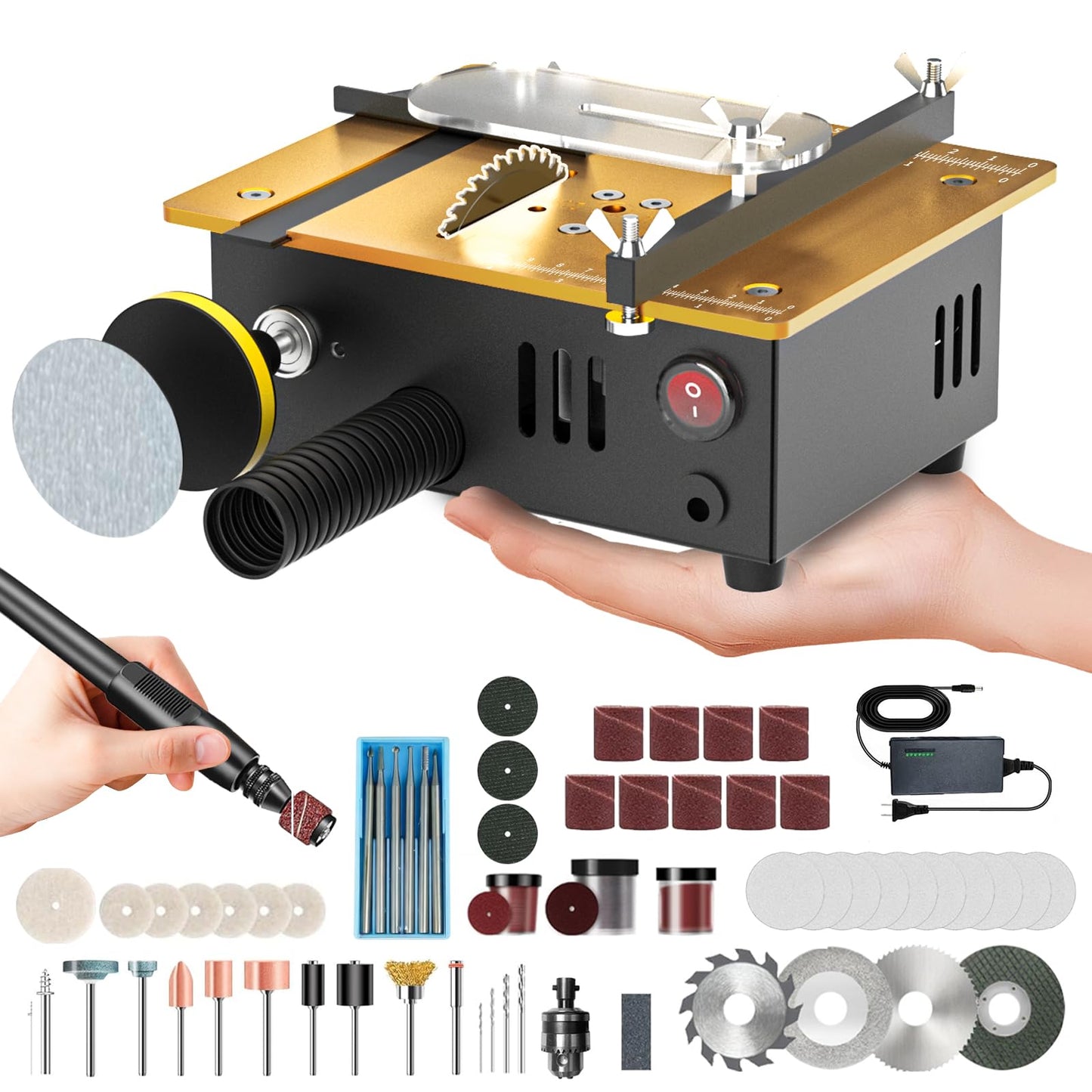 Super Mini Table Saw for Crafts,[Dual Motor & Switches] 7 Speeds MAX 200W Multifunctional Table Saw with 122+ Accessories, Cut/Engrave/Polish/Drill, Compact Design for Model Making, Gift for Creators