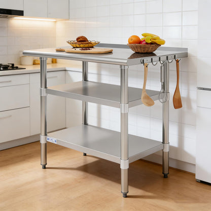 Hally 24 x 36 Inch Stainless Steel Prep Table with Backsplash, NSF Certified, 2 Adjustable Undershelves and Removable Hook for Kitchen, Restaurant, Garage