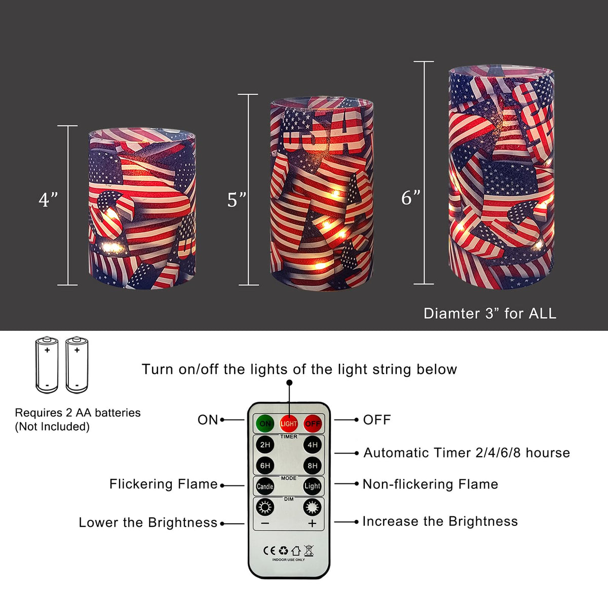 Independence Day Patriot Flickering Flameless Candles US Flag, Embedded Star String Lights, Battery Operated Acrylic LED Pillar Candles with 11-Key Remote and Timer for Home Decoration, 3 Pack