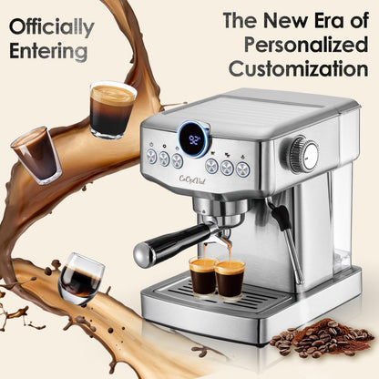 CoOptVal 20-Bar Espresso Machine & Cafetera Espresso – Fully Customizable Brewing (Temperature, Time, Volume, Steam) – Steam Wand & Milk Frother, Stainless Steel – Latte Machine & Cappuccino Machine