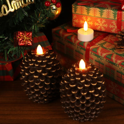 Lasumora LED Flameless Pinecone Candles with 6H Timer, Battery Operated Waxy Pillar Candles, 2 Pack Christmas Candles Flickering Acorn Decor Woodsy Home Décor Christmas Gifts(Brown, 3.5 x 4.7 Inch)