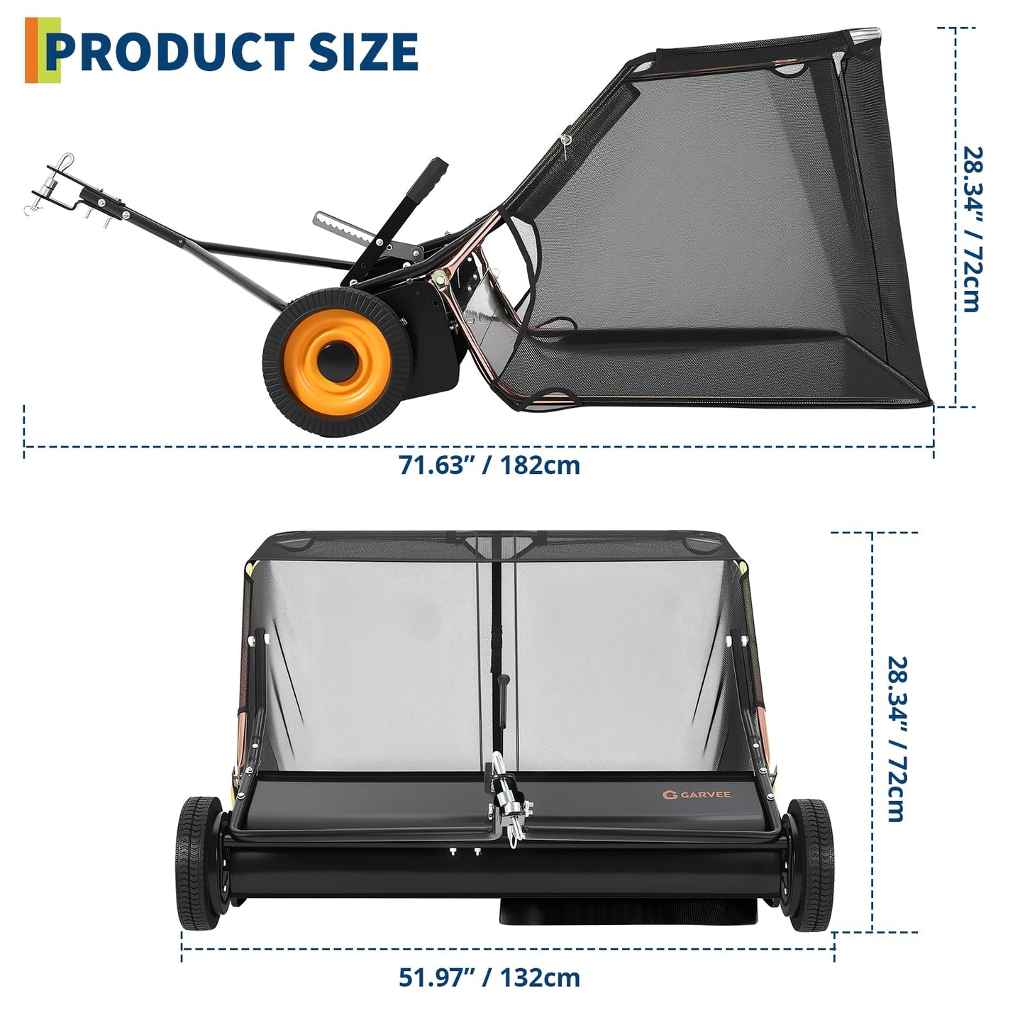 GarveeHome 44 Inch Tow Behind Lawn Sweeper, 26 cu. ft Large Pull Behind Grass Sweeper, Heavy Duty Leaf & Grass Collector with Dumping Rope Design, Adjustable Sweeping Height for Yard, Farm, Garden