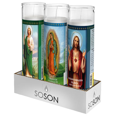 Simply Soson Religious Devotional Candle Set of 3, Virgin of Guadalupe, Sacred Heart of Jesus & Saint Jude, Catholic Glass Candles for Church and Home Devotion